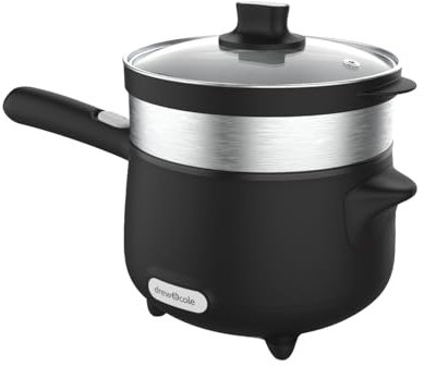 Drew&Cole CleverPot 1.2L Cooking Pot in Black - Energy Efficient, Compact, Portable & Easy to Use - Serves up to 3 People - 2 Power Settings - Sleek Design - With Glass Lid & Steam Basket - 600W