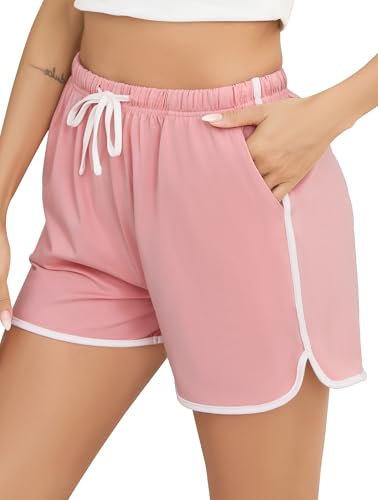 Vlazom Short de Sport Femme Coton Été Short Sport Court Pantalon de Jogging à Rayures avec Poches pour Jogging Running Fitness，Rose，M