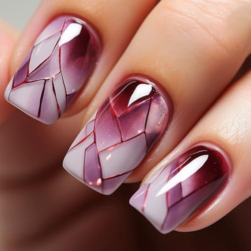 Short Square False Nails Kit, 24PCS Glitter Artificial Nails, Glue-On Nails, Easy Press-On Nails with 12 Sizes, Elegant Touch Design for Quick Manicure, for Parties and Weddings, Manicure at Home