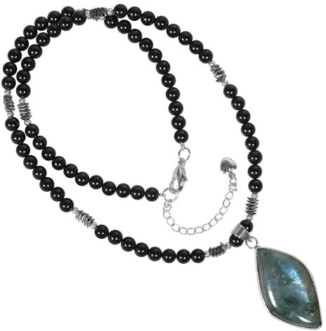 mookaitedecor Labradorite Pendant Necklace Labradorite Crystal Jewellery for Women, Moonstone Necklace Black Obsidian Bead Necklace Black Healing Crystal Necklace Short Beaded Precious Stone Necklace