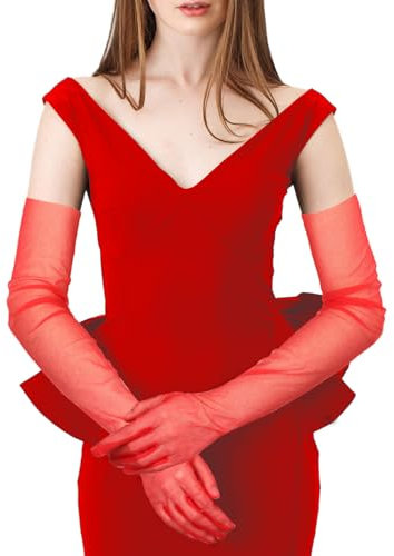 Neer Damen Opera Halb Transparent Tüll Braut Handschuhe (70 cm, Rot)