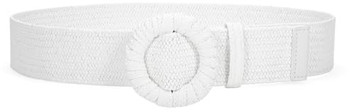 JasGood Stroh Geflochten Elastischer Gürtel für Damen Breiter Taillengürtel Rattan Gewebter Boho Gürtel für Kleider,Weiß,110cm