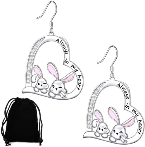 KUMSODE Silber 925 Hasen Tier Ohrringe Tier Herz Creolen Baumeln Ohrringe Niedlich Schmuck Geschenke für Damen Mädchen