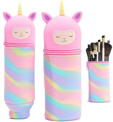 MPXEAVG Trousse Ecole 2 en 1 en Silicone Souple, Trousse Silicone Verticale, Panda Pochette de Stylo, Fermeture à Glissière, pour Fournitures Scolaires de Grande Capacité (Licorne Rose)