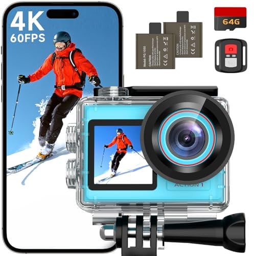 syndesmos Action Camera 4K 60FPS, Dual Touch Screen, 40M Ultra HD Underwater Camera, 30MP EIS Anti-Shake WiFi Action Cam with 64GB Card, Remote Control, Waterproof Case (Blue)