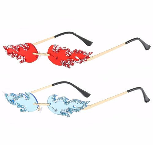 OuMaiFeng 2 Stück Flammen Festival Sonnenbrille mit Diamanten,Lustige Sonnenbrille Damen,Karneval Hippie Rave Brille (Rosa,blau)