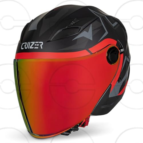 CRUIZER Casco moto jet omologato STAR Nero Rosso doppia visiera trasparente sole (S)