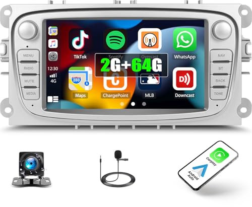 [2G+64G] Android 13 Autoradio mit Bluetooth für Ford Focus II mk2 Mondeo S-Max C-Max Galaxy Kuga mit Carplay Android Auto,7“ Touchscreen-Radio mit GPS WiFi FM/RDS EQ Mirror Link+Rückfahrkamera&Mic