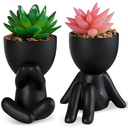 WANDGU Planta artificial con maceta de cerámica negra: 2 piezas pequeñas plantas artificiales en maceta, lindas mini macetas de cerámica, macetas de cerámica en forma de personas, macetas suculentas