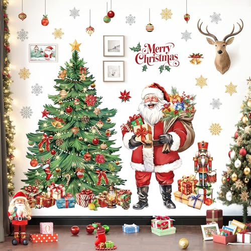 decalmile Weihnachten Fenster Wandtattoo Weihnachtsbaum Aquarell Große Wandaufkleber Weihnachtsmann Schneeflocken Nussknacker Wandsticker Schaufenster Weihnachten Party Weihnachtsdeko