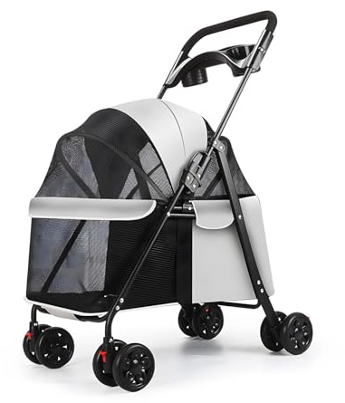 Fiauli 4 Wheels Dog Stroller, Outdoor Travel Pet Folding Stroller, Dog Cat Cage Strollers with Cup Holder, Cats Dogs Pushchair, Breathable and Visible Mesh for Medium Small Dogs Light Grey