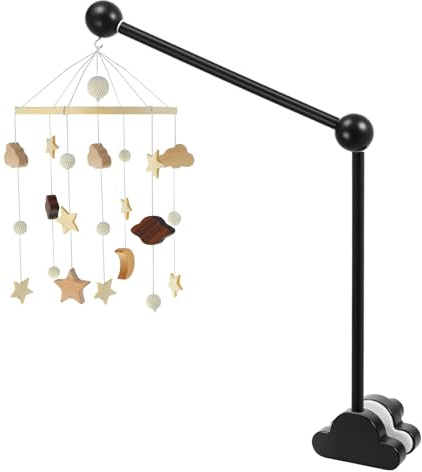 Baby Mobile Halterung,69,3cm Hölzerne Baby-Mobile Krippe Halter mit Anti-Rutsch-Gummi-Pad,Schwarze Wolke Design,Kinderzimmer Handy-Halterung,Einstellbare Höhe Bett Glocke Halter für 0-3 jährige