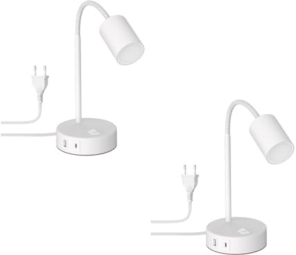 ledscom.de 2x Tischleuchte WAIKA, weiß, USB-A, USB-C, inkl. GU10 LED Lampe (3-Stufen-Dimmer, warmweiß, 5,8W, 500lm)