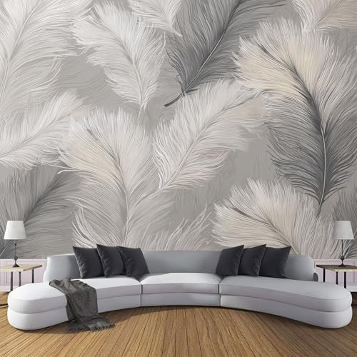 Fototapete Elegante Federn 250x175cm XXL Tapete Seidentapeten Luxus-Stil Wandtapete Hellgrau 3D Effekt Wand Dekoration für Schlafzimmer Wohnzimmer