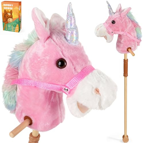 LumenVela Hobby Horse, Steckenpferd Kinder Rosa, Holzpferd für Draußen mit Hobby Horse Trense, Räder und Griffe für Garten, Geburtstag & Reitspiele (Rosa)