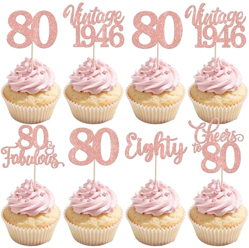 30 Stück 80th Geburtstag Tortendeko Vintage 1946 Cupcake Toppers Cheers to 80 Happy 80th Kuchen Deko für Prost auf 80 Jahre Geburtstag Hochzeit Jahrestag Party Kuchen Dekoration Rosegold