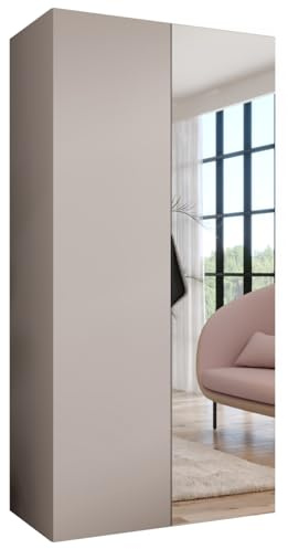 MEBLE KRYSPOL - Kleiderschrank - Garderobenschrank - 100 cm x 202 x 52 cm - Schrank mit Kleiderstange und Spiegel, 2 Türen - für Schlafzimmer, Flur - SANDI, Kaschmir, Griff Schwarz
