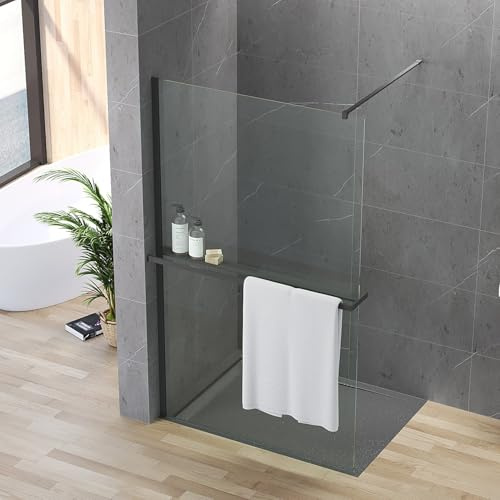 AQUABATOS Walk-in Dusche Schwarz 90 x 200 cm Duschwand Glas mit Handtuchhalter und Duschablage Duschabtrennung barrierefreien Einstieg 8 mm Sicherheitsglas klar NANO-Beschichtung leicht zu reinigen