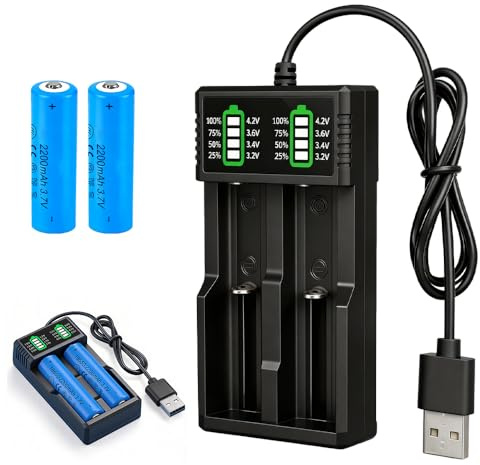 Wxeadu Battery Charger Set with 2 Pack 2200mah 3.7V Battery Pointed, Rechargeable Battery, USB 2 Slot Charger with LCD Display Smart, Lithium-ion Battery Chargers for Radio, Flashlight