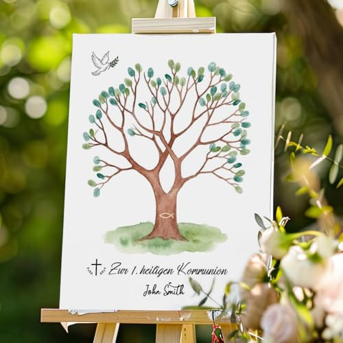 Tenare Gästebuch Kommunion Leinwand Fingerabdruck mit Stempelkissen und Stift Kommunion Geschenke Baum des Lebens Fingerabdruck Set Gästebuch Alternative Geschenk,30 x 40 cm