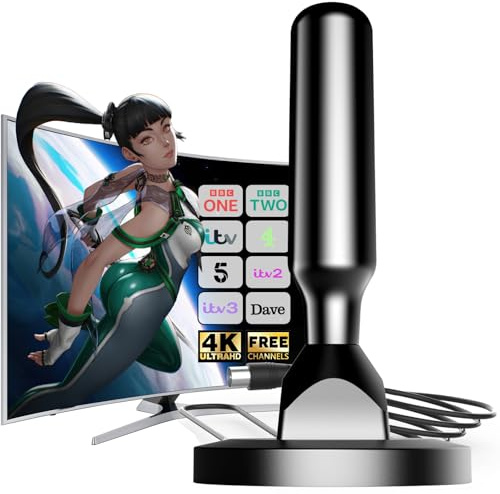 Indoor TV Aerial with Magnetic Base Digital TV Aerial Indoor for Smart TV Compatible with All Televisions Supports 4K 1080P Compact 5 x 12cm Design 5m Coaxial Cable