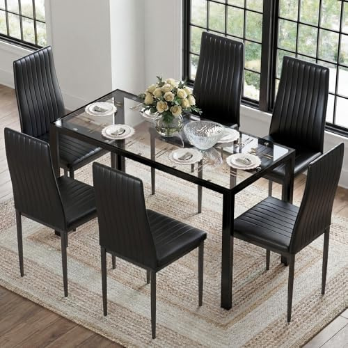 Feonase 7-teiliges schwarzes Esszimmer-Set, Küchentisch aus Glas und 6 Stühle aus Kunstleder, kompaktes Esszimmer-Set für kleine Räume, Moderne Esszimmer-Sets für zu Hause, Küche (120 * 75H*60CM)