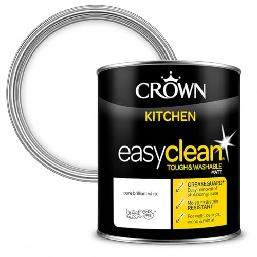 Crown Kitchen Matt Emulsion Paint 1L – Pure Brilliant White | Grease & Moisture Resistant, Washable Finish for Kitchen Walls