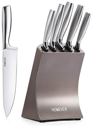 HOMEVER Profi Messer Set, 6-teilig, Küchenmesserblock mit Edelstahlklinge und ergonomischem Griff, extra scharf, Grau