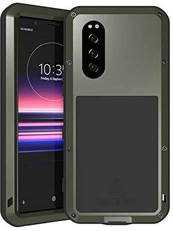 FONREST Ganzkörper Hülle für Sony Xperia 5 6,1-Zoll, Schwerlast Hybride Aluminium Metall Stoßfest Schneesicher Staubdicht Case mit Hartglas, Unterstützt Wireless Charging (Armeegrün)