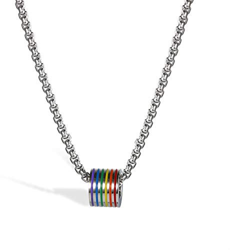 Flongo Gay Pride Schwul LGBT Kugel Anhänger Halskette aus Edelstahl Silber Regenbogen Streifen Gay Pride Schwul Lesben Homosexual Homosexuell