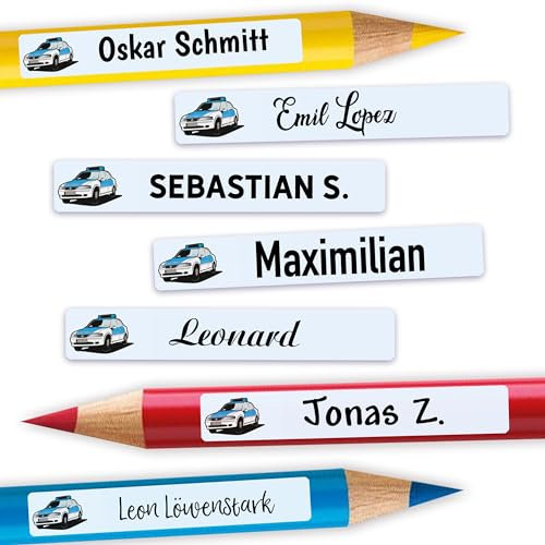 Sunnywall® Stifteaufkleber Polizei Namensaufkleber Kinder Schule 72 Stück Aufkleber für Stifte Namensetiketten Etiketten | schmale 49x7,5mm Kita Schulanfang