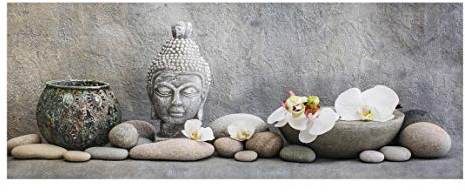 Glasbild - Zen Buddha mit weißen Orchideen - Panorama 40 x 100cm