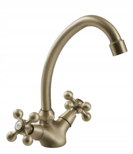 Kuchinox Retro Küchenarmatur Stilo – Nostalgisches Design in Antik-Messing, Zweigriff-Wasserhahn mit schwenkbarem Auslauf, inkl. Anschluss-Schläuche, perfekt für klassische Küchen.