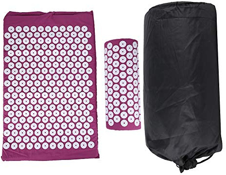 Nunafey Entlasten Sie die Schmerzmatte Akupressurmatte und das Kissenset Akupressurmatte, Yoga-Pad mit Tragetasche Massagematte(Three-Piece Acupuncture mat Purple)