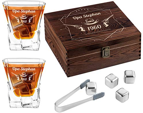 Maverton Whisky Steine Set - in Holzbox mit Gravur - 8 Eiswürfel & 2 Whisky Gläser - wiederverwendbar - personalisierte Geschenke Opa - Geschenke für Männer - Jäger