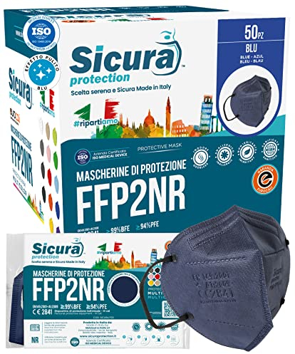 50 Mascherine FFP2 Certificate CE BLU con Elastici Neri SICURA logo impresso BFE ≥99% Made in Italy Mascherina ffp2 SANIFICATA e sigillata singolarmente