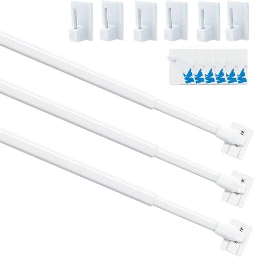 3Pcs Net Curtain Rods Extendable Curtain Rod with 9Pcs Plastic Sticky End Window Hook for Home Bathroom、Windows(32-50CM/13-19Inch,White)