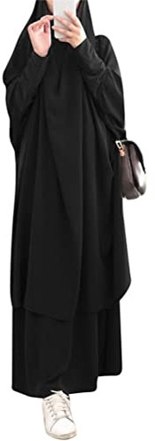 Onsoyours Damen Muslimisches Zweiteiliges Gebetskleid Maxi Kleid für Frauen Abaya Kleid Islamischer Naher Osten Dubai Türkei Abaya Kaftan Länge Hijab Kleid A Schwarz Einheitsgröße