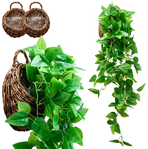 Tapeera 2-Pack Artificial Plants (with Baskets) - Ivy Vines Pothos - Outdoor & Indoor Decorations - Wall Faux Hanging Vine with Fake Leaves