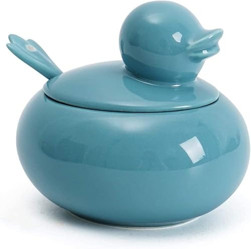 Porcelain Duck Sugar Bowl with Lid and Spoon, Spice Jar Conditment Pot (Blue)