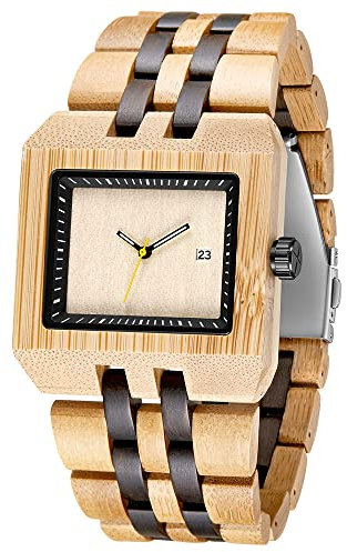 Tiong Herren Holzuhr,einfaches quadratisches Design,analoge Quarz-Holzuhr Beige Business Uhr für Herren,Quadratische Herren holzuhr