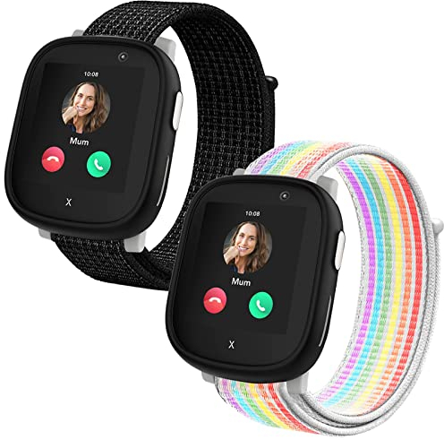 Snyeest 2-Stück Nylon Armbänder kompatibel mit Xplora X6/Anio 6 Armband, Kids Smartwatch Klettverschluss Mädchen Jungen Verstellbare Ersatz Armbänder für X6 Play/X6 Pro/Anio6,Schwarz+Regenbogen