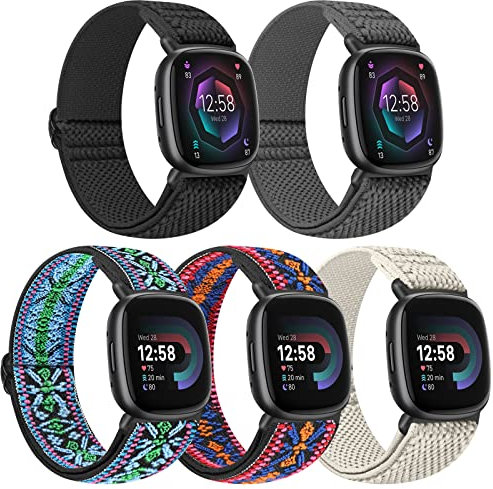 Tiptops 5 Pack Straps Compatible for Fitbit Versa 4/Fitbit Sense 2 Straps/Fitbit Versa 3/Fitbit Sense Bands Men Women, Adjustable Comfortable Loop Nylon Sports Replacement Stretchy Bands