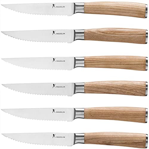 kangdelun Série Natura Ensemble de 6 couteaux à steak dentelés de 11,5 cm, en acier inoxydable à haute teneur en carbone, manche en bois couleur bois naturel