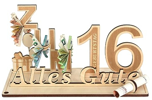 Giftota Geldgeschenk 16.Geburtstag, Geschenke zum 16 Geburtstag Mädchen Junge, 16.Geschenke aus Holz Dekoration