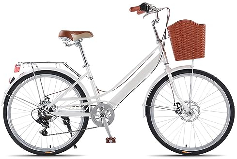 Damenfahrrad City Bike,Beach Cruiser Fahrrad für Männer und Frauen,Rahmen Aus Kohlenstoffhaltigem Stahl,Korb Vorne & Gepäckträger Hinten,7-Gang 24,26 Zoll ,Geeignet für Damen und Herren pendeln (