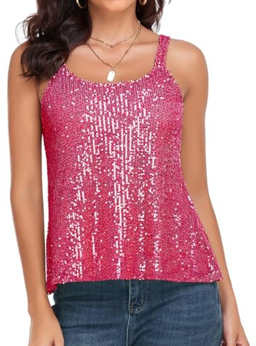 kayamiya Canottiera da donna, Sottogiacca, Canottiere con paillettes luccicanti e glitter per feste, Gilet fluido, Top elegante, Rosa caldo, M