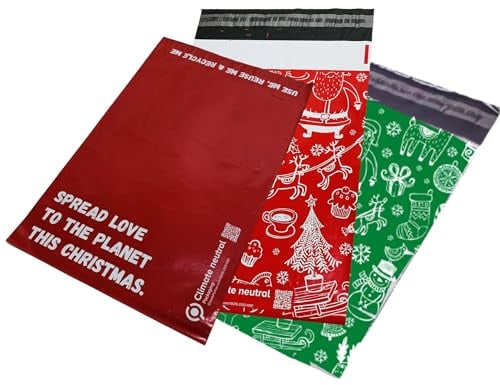 Lot de 45 sacs postaux solides en polyéthylène avec fermeture autocollante Rouge/vert/motif renne de Noël