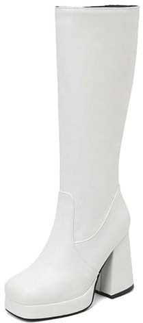 WeFloHsL Donna Plateau Stivali Alti al Ginocchio Tacco Grosso Alto Plateau Stivali Lunghi Cosplay con Cerniera,Bianca,38 EU