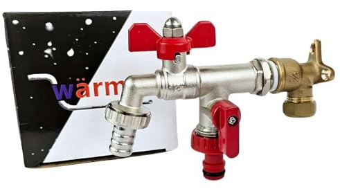 Wärmer System Außen Garten Wasserhahn Schmetterlingsgriff mit Dichtung PTFE, drehbarer Mutter und Wandplatte Ellenbogen Befestigung (1/2X3/4X3/4X3/4 Doppel Auslass Garten Wasserhahn)